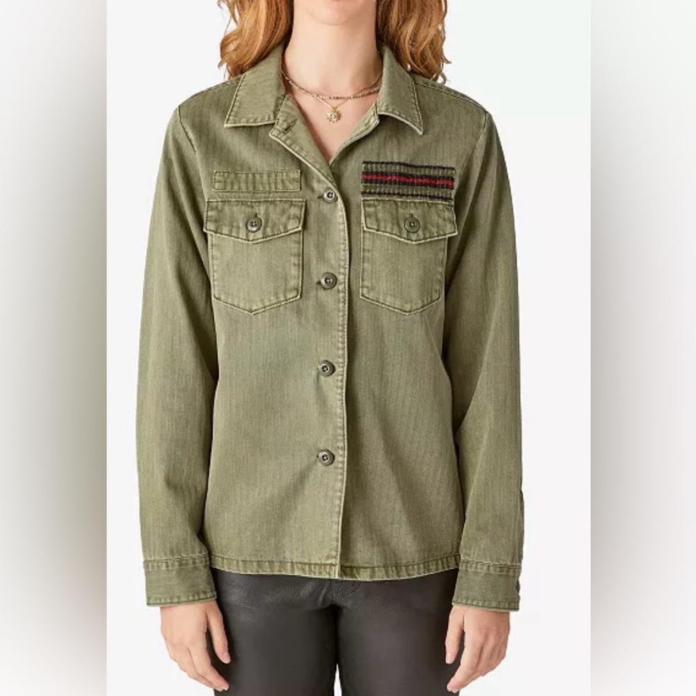 LUCKY BRAND Utility Boho Casual Olive/Army Green 2 Flap Pocket Shirt/Shacket M - Picture 4 of 16